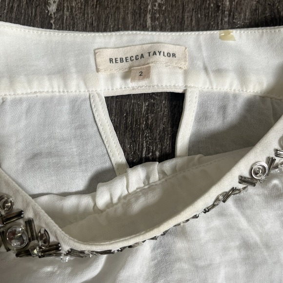 Rebecca Taylor Womens White Silk‎ Beaded Blouse Size 2 Keyhole Back 3/4 Sleeve - Picture 6 of 9